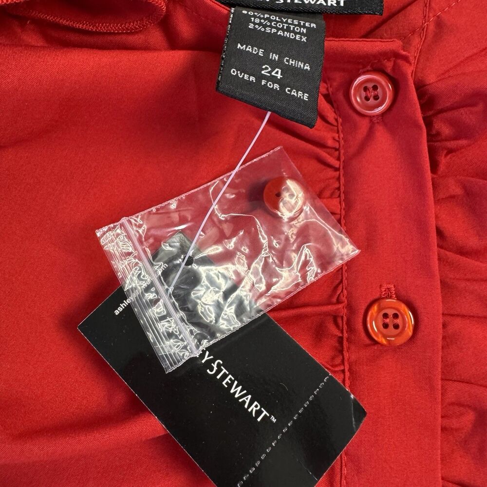Ashley Stewart Red Ruffle Top NWT Plus Size 24 Button Front Stretch Blouse - Picture 4 of 7